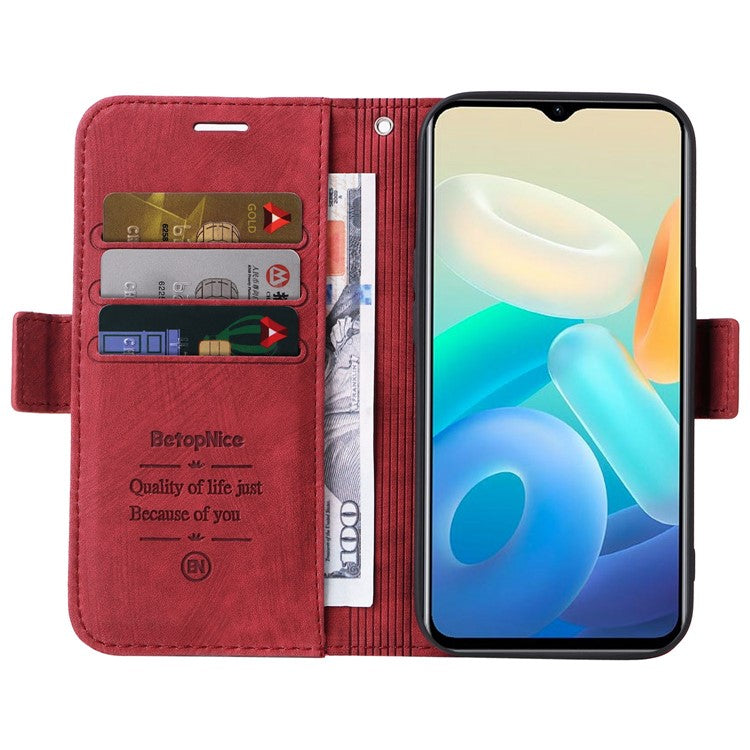 BETOPNICE 001 For vivo Y77 5G / Y77e 5G / Y77e (t1) 5G / iQOO Z6 Lite 5G PU Leather Imprinted Stitching Line Design Phone Case Full Protection Stand Wallet Cover with Strap - Red