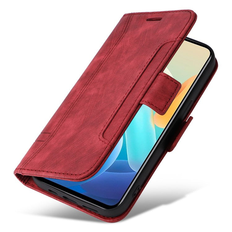 BETOPNICE 001 For vivo Y77 5G / Y77e 5G / Y77e (t1) 5G / iQOO Z6 Lite 5G PU Leather Imprinted Stitching Line Design Phone Case Full Protection Stand Wallet Cover with Strap - Red