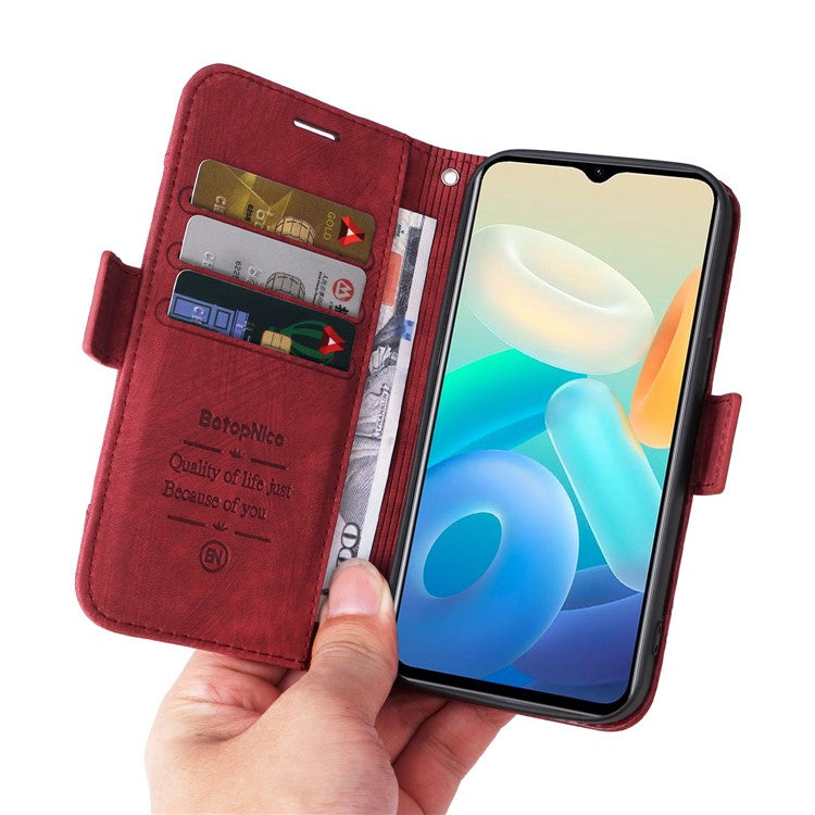 BETOPNICE 001 For vivo Y77 5G / Y77e 5G / Y77e (t1) 5G / iQOO Z6 Lite 5G PU Leather Imprinted Stitching Line Design Phone Case Full Protection Stand Wallet Cover with Strap - Red