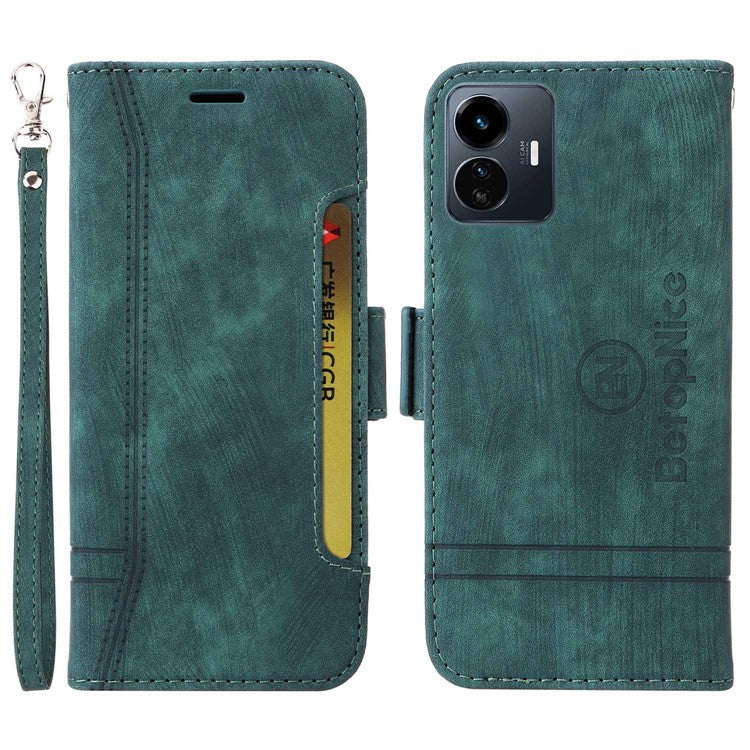 BETOPNICE 001 For vivo Y77 5G / Y77e 5G / Y77e (t1) 5G / iQOO Z6 Lite 5G PU Leather Imprinted Stitching Line Design Phone Case Full Protection Stand Wallet Cover with Strap - Green