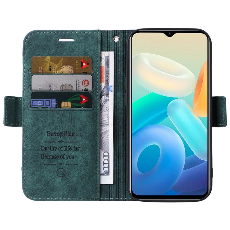 BETOPNICE 001 For vivo Y77 5G / Y77e 5G / Y77e (t1) 5G / iQOO Z6 Lite 5G PU Leather Imprinted Stitching Line Design Phone Case Full Protection Stand Wallet Cover with Strap - Green