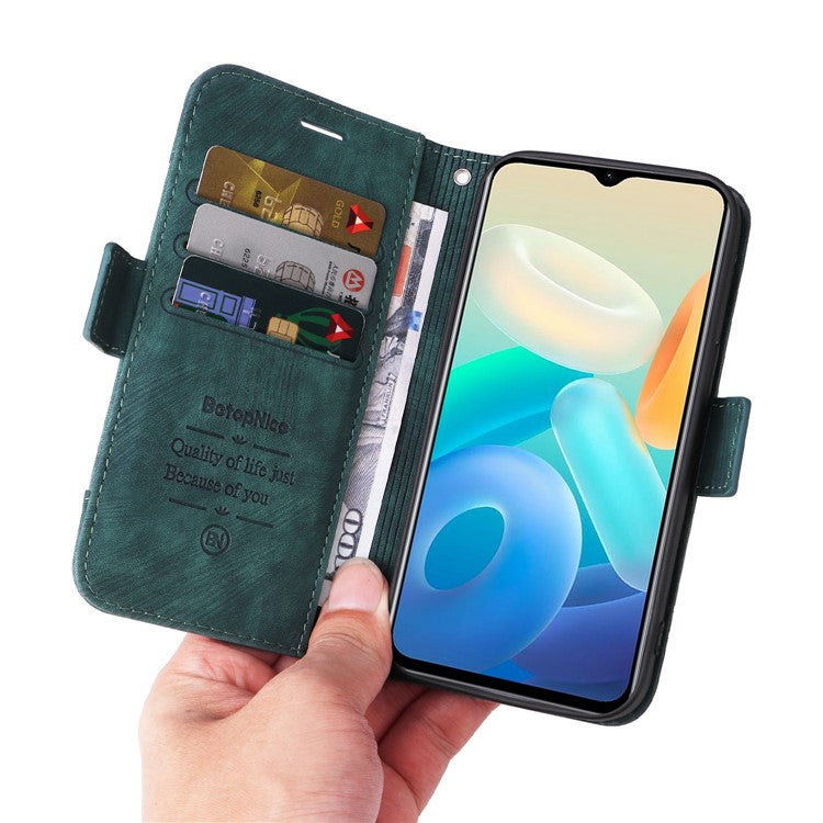 BETOPNICE 001 For vivo Y77 5G / Y77e 5G / Y77e (t1) 5G / iQOO Z6 Lite 5G PU Leather Imprinted Stitching Line Design Phone Case Full Protection Stand Wallet Cover with Strap - Green