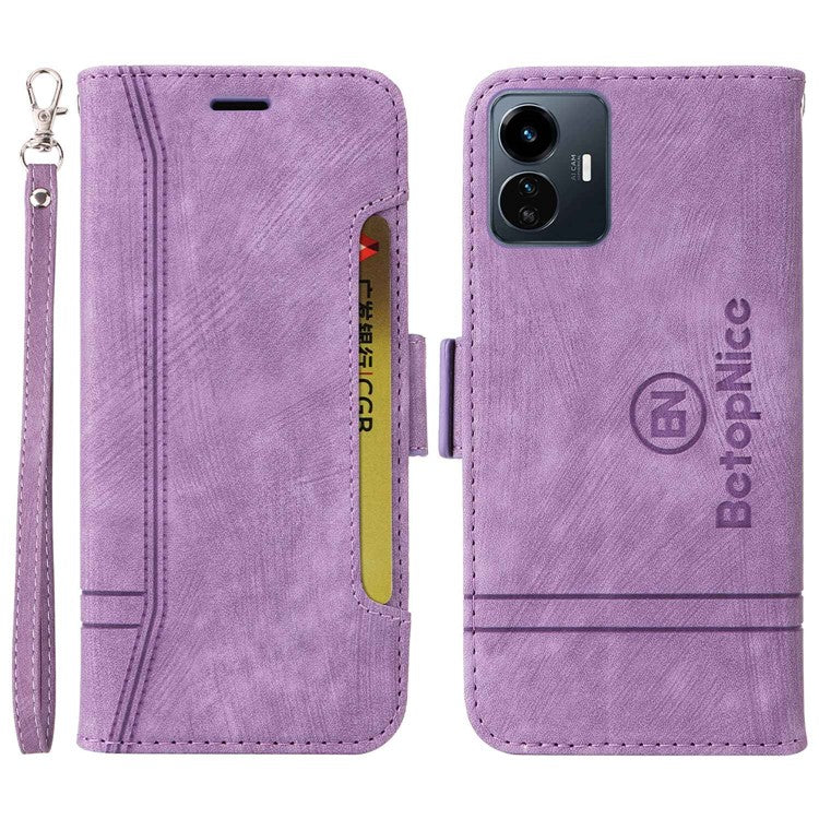 BETOPNICE 001 For vivo Y77 5G / Y77e 5G / Y77e (t1) 5G / iQOO Z6 Lite 5G PU Leather Imprinted Stitching Line Design Phone Case Full Protection Stand Wallet Cover with Strap - Purple