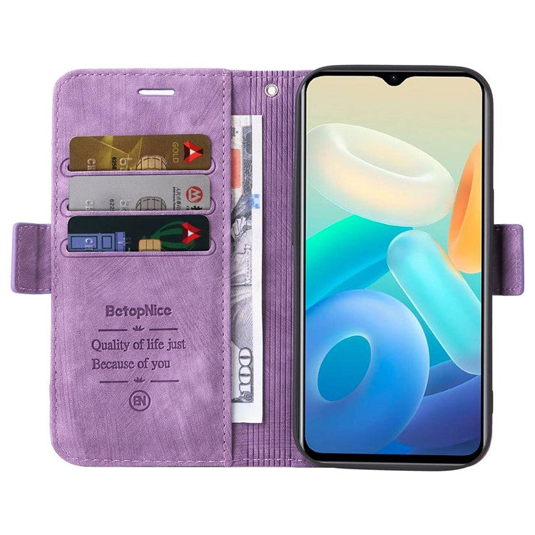 BETOPNICE 001 For vivo Y77 5G / Y77e 5G / Y77e (t1) 5G / iQOO Z6 Lite 5G PU Leather Imprinted Stitching Line Design Phone Case Full Protection Stand Wallet Cover with Strap - Purple