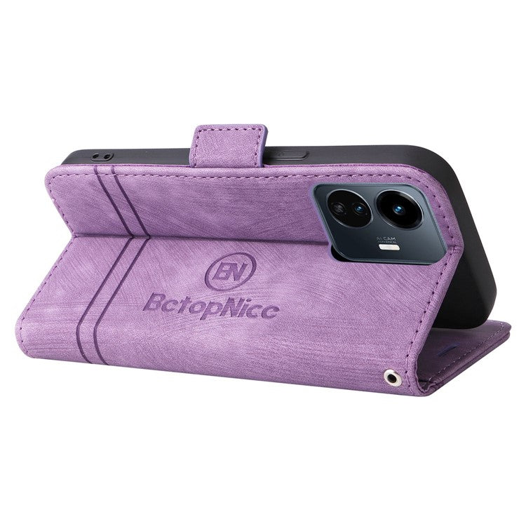 BETOPNICE 001 For vivo Y77 5G / Y77e 5G / Y77e (t1) 5G / iQOO Z6 Lite 5G PU Leather Imprinted Stitching Line Design Phone Case Full Protection Stand Wallet Cover with Strap - Purple