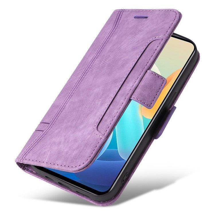 BETOPNICE 001 For vivo Y77 5G / Y77e 5G / Y77e (t1) 5G / iQOO Z6 Lite 5G PU Leather Imprinted Stitching Line Design Phone Case Full Protection Stand Wallet Cover with Strap - Purple