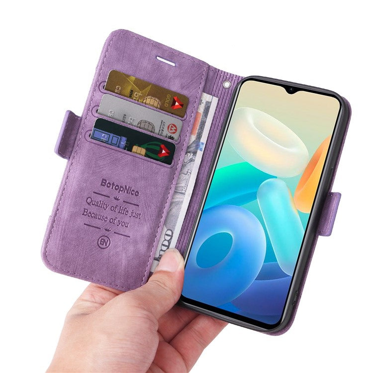 BETOPNICE 001 For vivo Y77 5G / Y77e 5G / Y77e (t1) 5G / iQOO Z6 Lite 5G PU Leather Imprinted Stitching Line Design Phone Case Full Protection Stand Wallet Cover with Strap - Purple