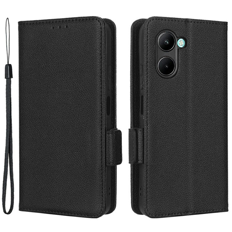 For Realme C33 4G PU Leather Magnetic Protect Phone Case Litchi Texture Wallet Stand Cover with Wrist Strap - Black