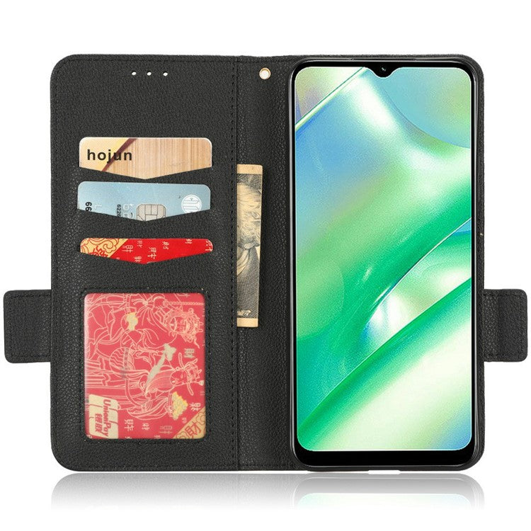 For Realme C33 4G PU Leather Magnetic Protect Phone Case Litchi Texture Wallet Stand Cover with Wrist Strap - Black