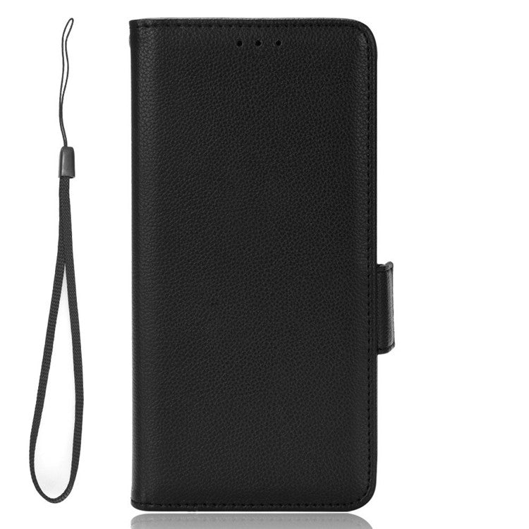 For Realme C33 4G PU Leather Magnetic Protect Phone Case Litchi Texture Wallet Stand Cover with Wrist Strap - Black