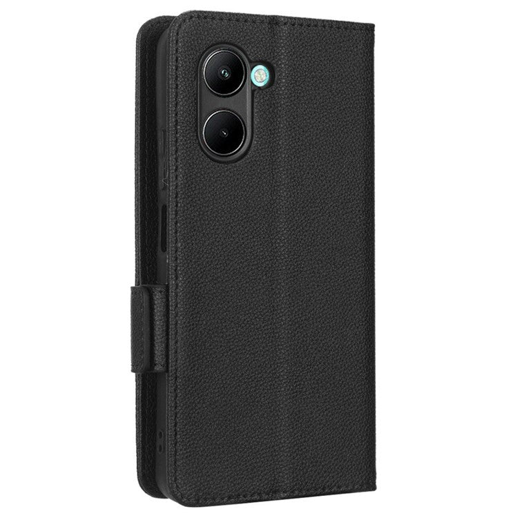 For Realme C33 4G PU Leather Magnetic Protect Phone Case Litchi Texture Wallet Stand Cover with Wrist Strap - Black