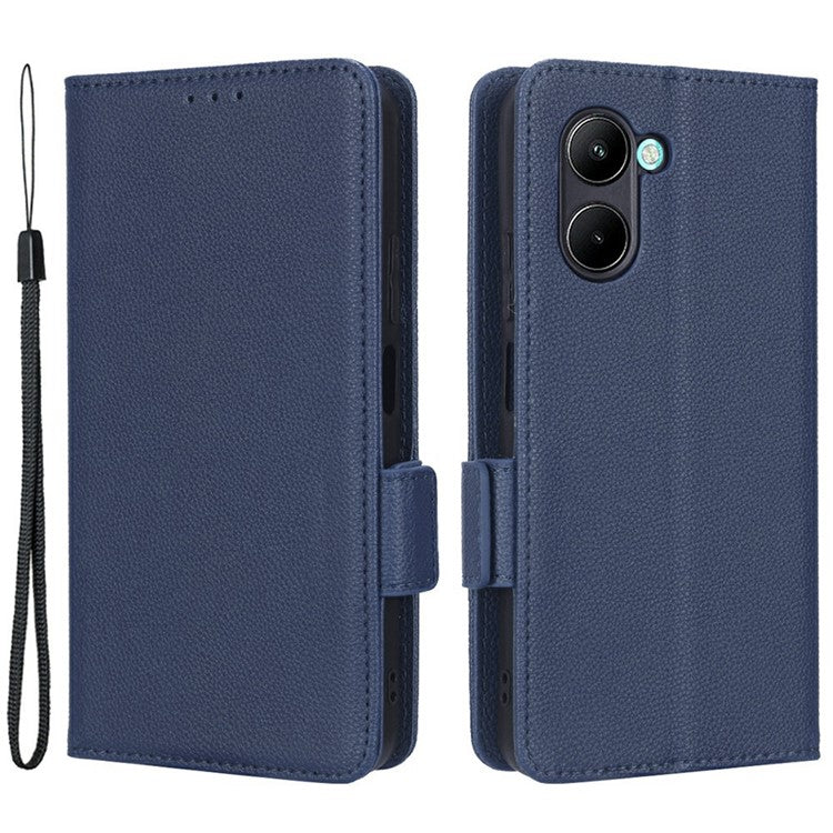 For Realme C33 4G PU Leather Magnetic Protect Phone Case Litchi Texture Wallet Stand Cover with Wrist Strap - Dark Blue