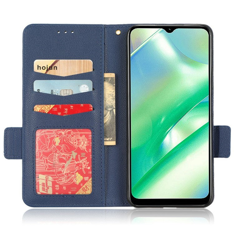 For Realme C33 4G PU Leather Magnetic Protect Phone Case Litchi Texture Wallet Stand Cover with Wrist Strap - Dark Blue