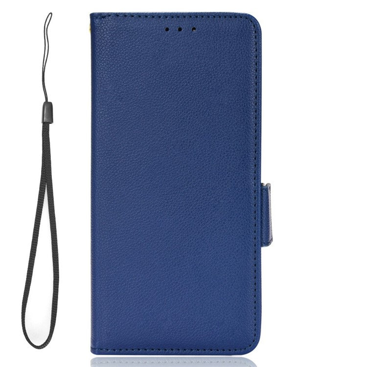 For Realme C33 4G PU Leather Magnetic Protect Phone Case Litchi Texture Wallet Stand Cover with Wrist Strap - Dark Blue