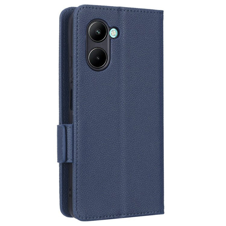 For Realme C33 4G PU Leather Magnetic Protect Phone Case Litchi Texture Wallet Stand Cover with Wrist Strap - Dark Blue