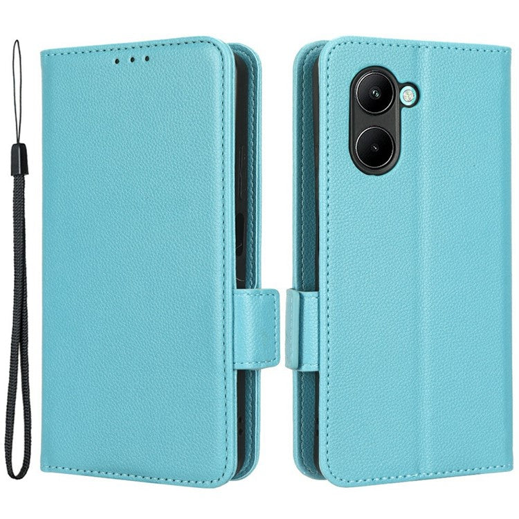 For Realme C33 4G PU Leather Magnetic Protect Phone Case Litchi Texture Wallet Stand Cover with Wrist Strap - Baby Blue