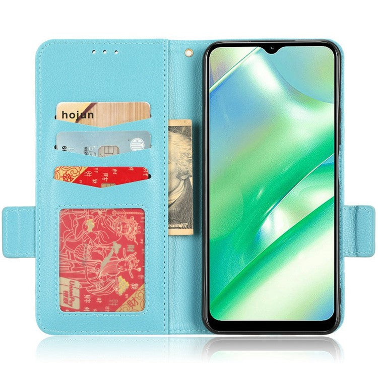 For Realme C33 4G PU Leather Magnetic Protect Phone Case Litchi Texture Wallet Stand Cover with Wrist Strap - Baby Blue