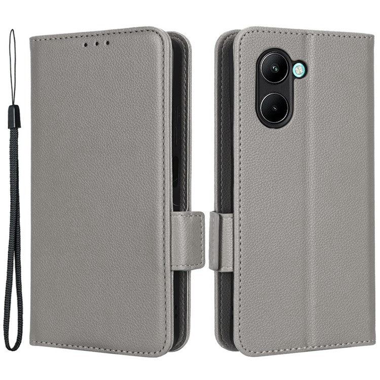 For Realme C33 4G PU Leather Magnetic Protect Phone Case Litchi Texture Wallet Stand Cover with Wrist Strap - Grey