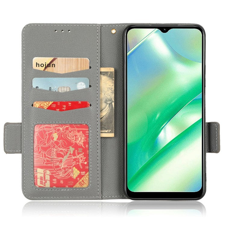 For Realme C33 4G PU Leather Magnetic Protect Phone Case Litchi Texture Wallet Stand Cover with Wrist Strap - Grey