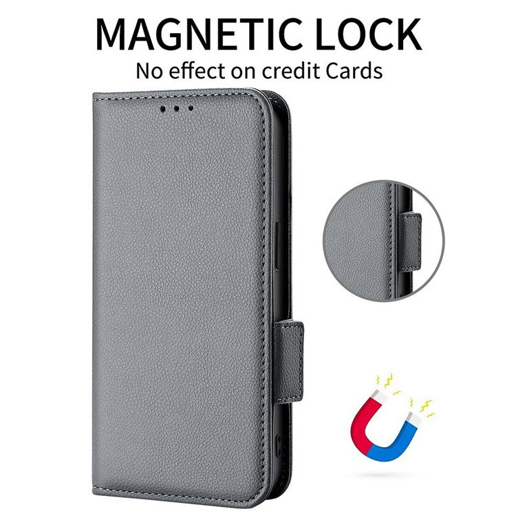 For Realme C33 4G PU Leather Magnetic Protect Phone Case Litchi Texture Wallet Stand Cover with Wrist Strap - Grey