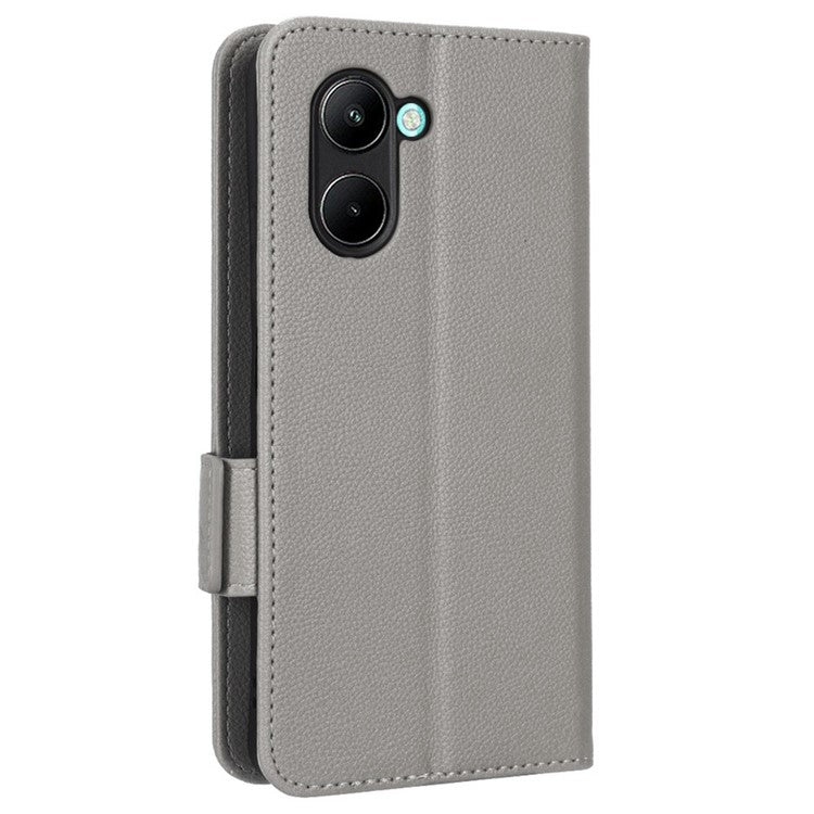 For Realme C33 4G PU Leather Magnetic Protect Phone Case Litchi Texture Wallet Stand Cover with Wrist Strap - Grey