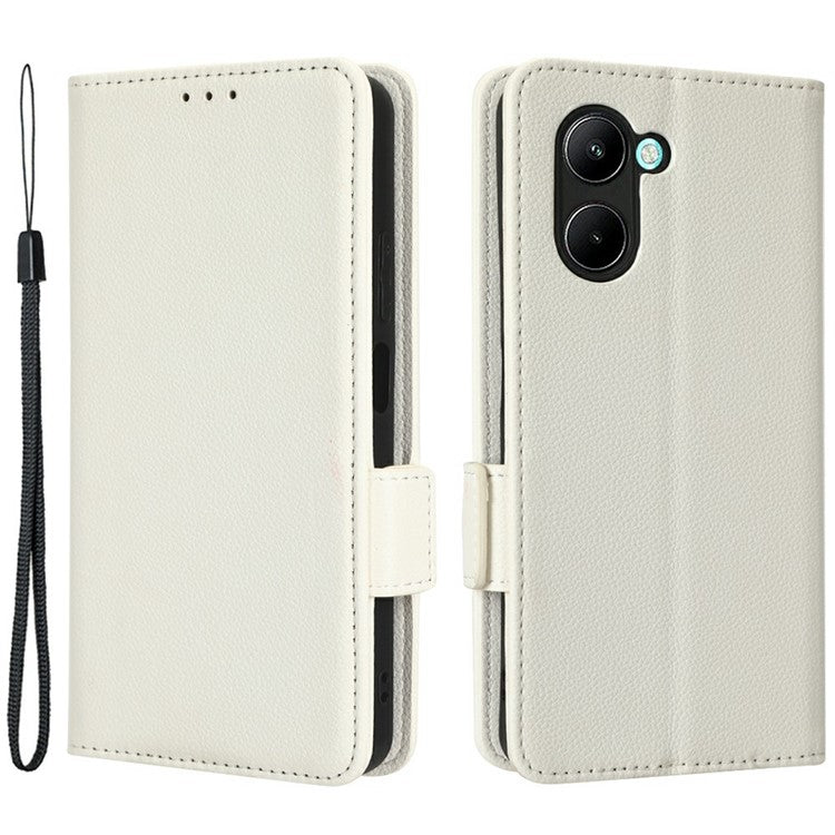 For Realme C33 4G PU Leather Magnetic Protect Phone Case Litchi Texture Wallet Stand Cover with Wrist Strap - White