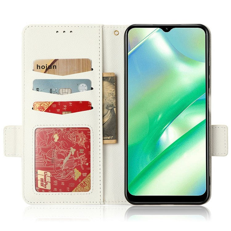 For Realme C33 4G PU Leather Magnetic Protect Phone Case Litchi Texture Wallet Stand Cover with Wrist Strap - White