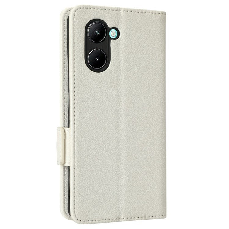 For Realme C33 4G PU Leather Magnetic Protect Phone Case Litchi Texture Wallet Stand Cover with Wrist Strap - White