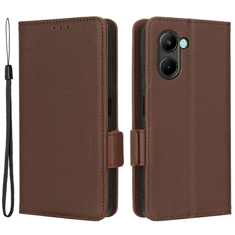 For Realme C33 4G PU Leather Magnetic Protect Phone Case Litchi Texture Wallet Stand Cover with Wrist Strap - Brown