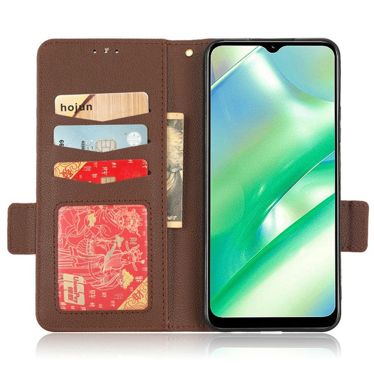 For Realme C33 4G PU Leather Magnetic Protect Phone Case Litchi Texture Wallet Stand Cover with Wrist Strap - Brown