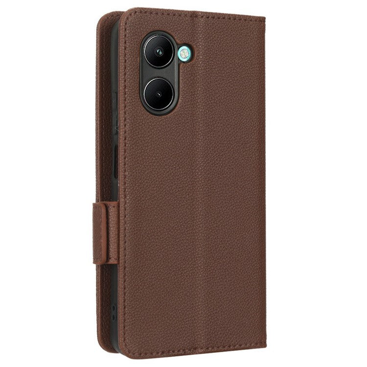 For Realme C33 4G PU Leather Magnetic Protect Phone Case Litchi Texture Wallet Stand Cover with Wrist Strap - Brown