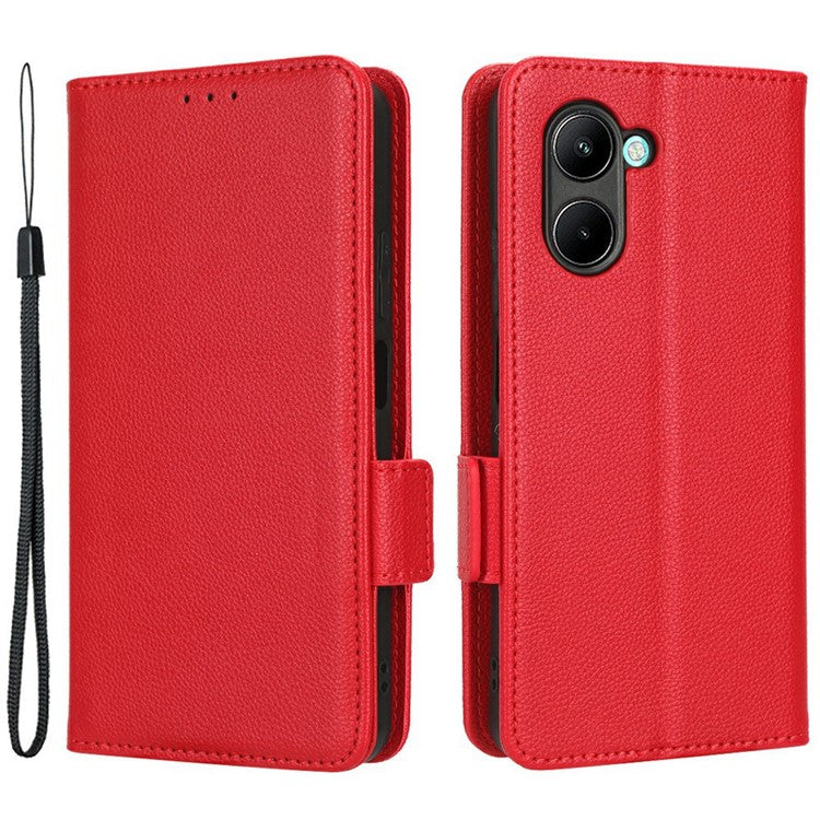 For Realme C33 4G PU Leather Magnetic Protect Phone Case Litchi Texture Wallet Stand Cover with Wrist Strap - Red