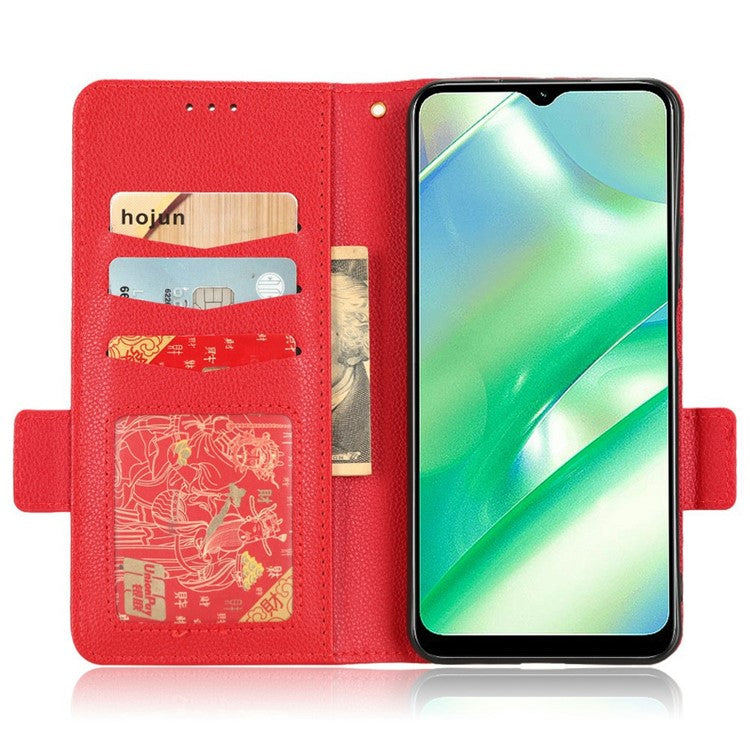 For Realme C33 4G PU Leather Magnetic Protect Phone Case Litchi Texture Wallet Stand Cover with Wrist Strap - Red