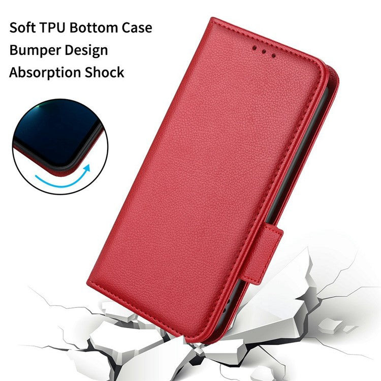 For Realme C33 4G PU Leather Magnetic Protect Phone Case Litchi Texture Wallet Stand Cover with Wrist Strap - Red