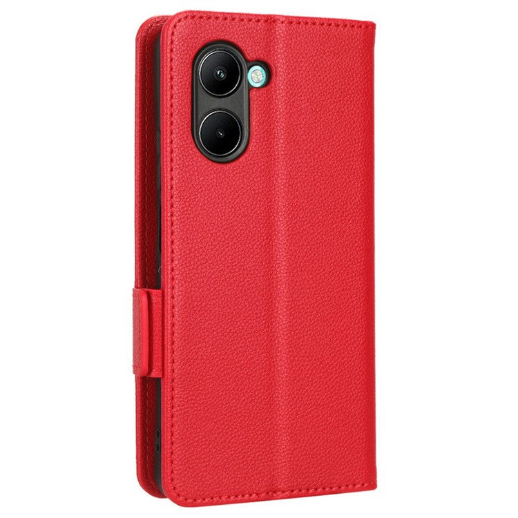 For Realme C33 4G PU Leather Magnetic Protect Phone Case Litchi Texture Wallet Stand Cover with Wrist Strap - Red