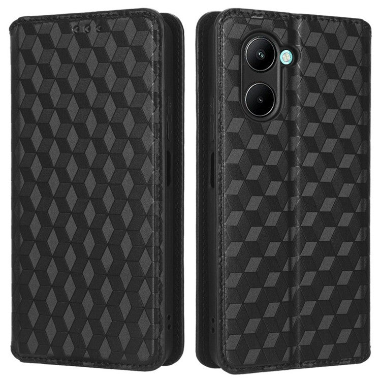 For Realme C33 4G PU Leather Flip Folio Wallet Phone Case Rhombus Pattern Imprinted Magnetic Absorption Stand Flip Cover - Black