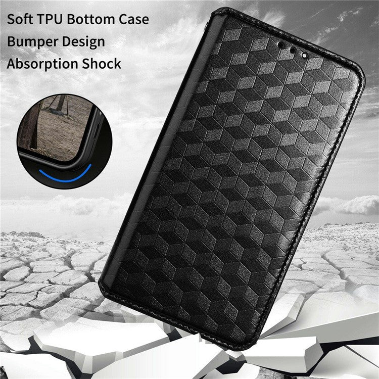 For Realme C33 4G PU Leather Flip Folio Wallet Phone Case Rhombus Pattern Imprinted Magnetic Absorption Stand Flip Cover - Black