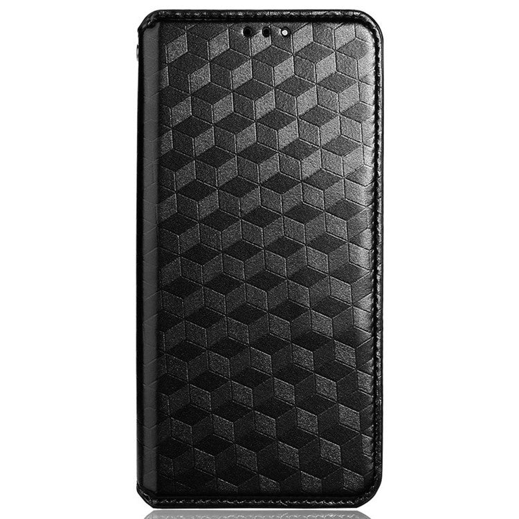 For Realme C33 4G PU Leather Flip Folio Wallet Phone Case Rhombus Pattern Imprinted Magnetic Absorption Stand Flip Cover - Black