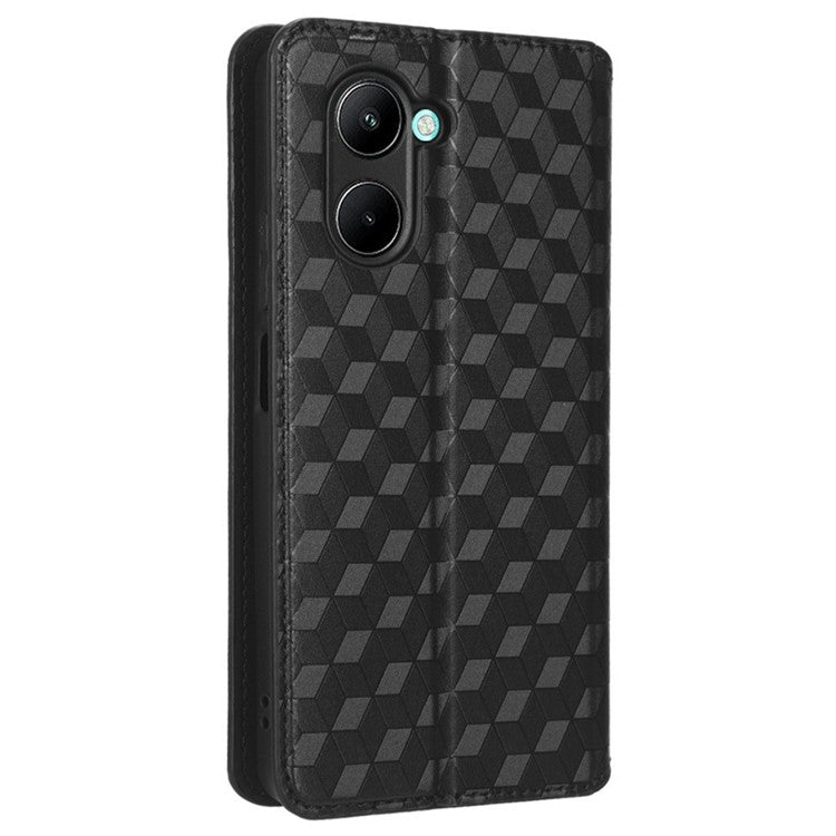 For Realme C33 4G PU Leather Flip Folio Wallet Phone Case Rhombus Pattern Imprinted Magnetic Absorption Stand Flip Cover - Black