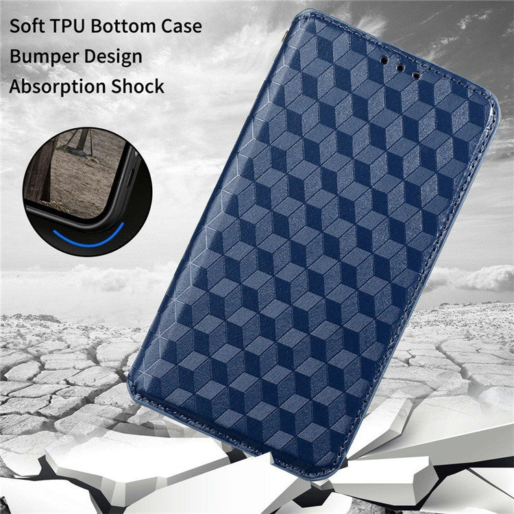 For Realme C33 4G PU Leather Flip Folio Wallet Phone Case Rhombus Pattern Imprinted Magnetic Absorption Stand Flip Cover - Blue