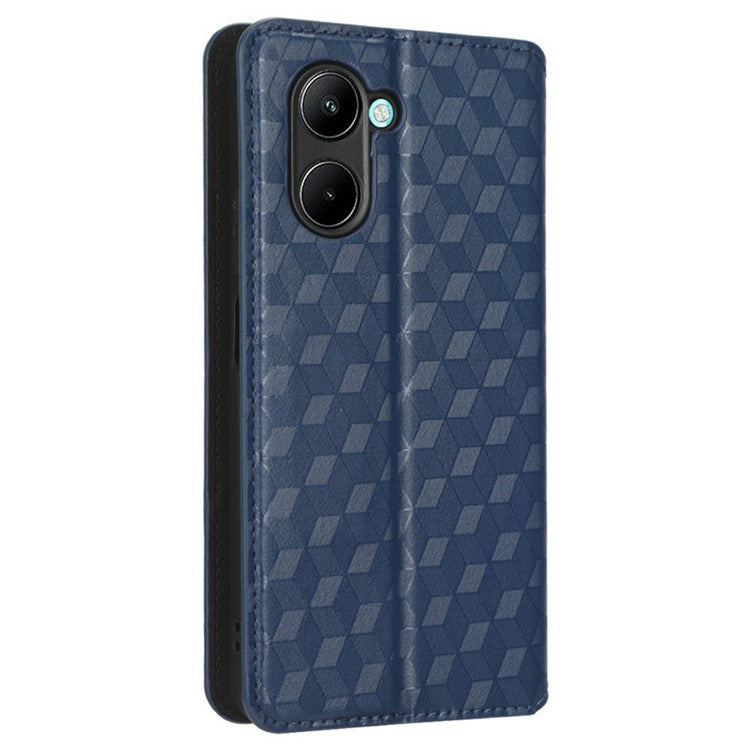 For Realme C33 4G PU Leather Flip Folio Wallet Phone Case Rhombus Pattern Imprinted Magnetic Absorption Stand Flip Cover - Blue