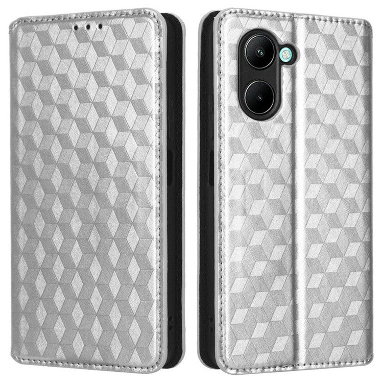 For Realme C33 4G PU Leather Flip Folio Wallet Phone Case Rhombus Pattern Imprinted Magnetic Absorption Stand Flip Cover - Silver