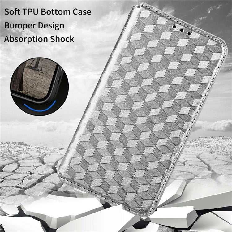 For Realme C33 4G PU Leather Flip Folio Wallet Phone Case Rhombus Pattern Imprinted Magnetic Absorption Stand Flip Cover - Silver