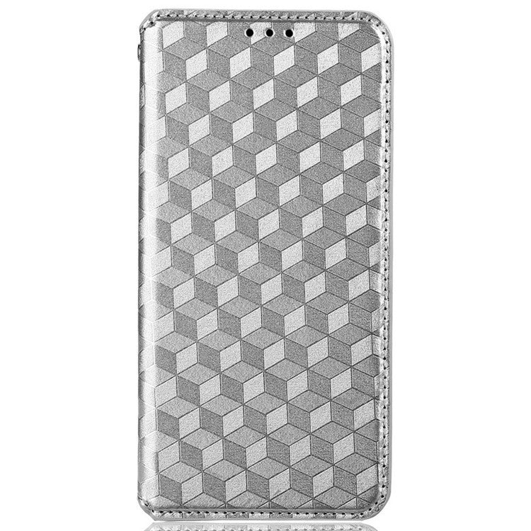 For Realme C33 4G PU Leather Flip Folio Wallet Phone Case Rhombus Pattern Imprinted Magnetic Absorption Stand Flip Cover - Silver