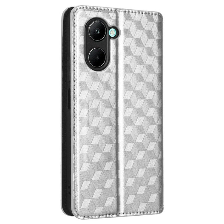 For Realme C33 4G PU Leather Flip Folio Wallet Phone Case Rhombus Pattern Imprinted Magnetic Absorption Stand Flip Cover - Silver