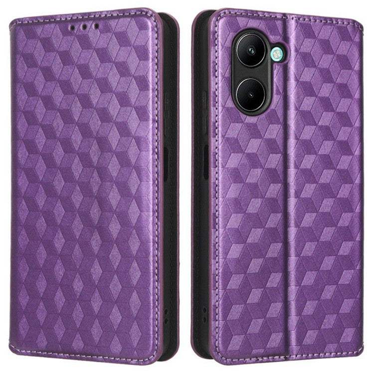 For Realme C33 4G PU Leather Flip Folio Wallet Phone Case Rhombus Pattern Imprinted Magnetic Absorption Stand Flip Cover - Purple