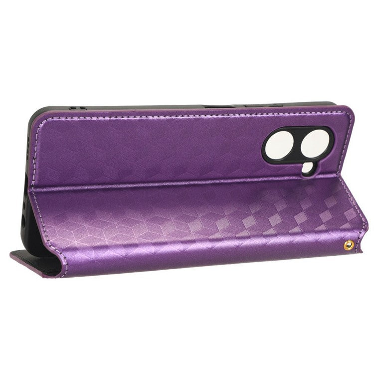 For Realme C33 4G PU Leather Flip Folio Wallet Phone Case Rhombus Pattern Imprinted Magnetic Absorption Stand Flip Cover - Purple