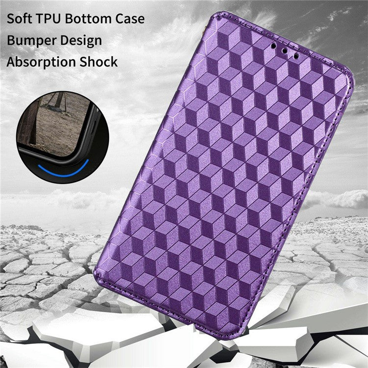 For Realme C33 4G PU Leather Flip Folio Wallet Phone Case Rhombus Pattern Imprinted Magnetic Absorption Stand Flip Cover - Purple