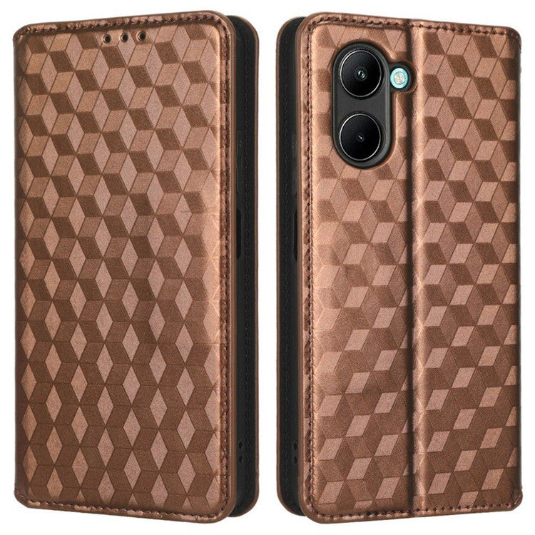 For Realme C33 4G PU Leather Flip Folio Wallet Phone Case Rhombus Pattern Imprinted Magnetic Absorption Stand Flip Cover - Brown