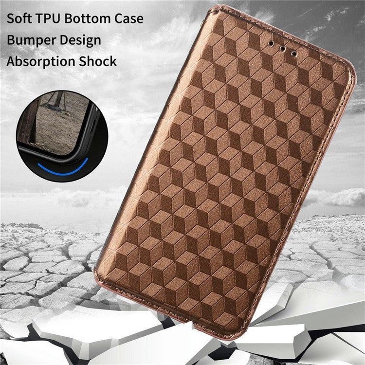 For Realme C33 4G PU Leather Flip Folio Wallet Phone Case Rhombus Pattern Imprinted Magnetic Absorption Stand Flip Cover - Brown